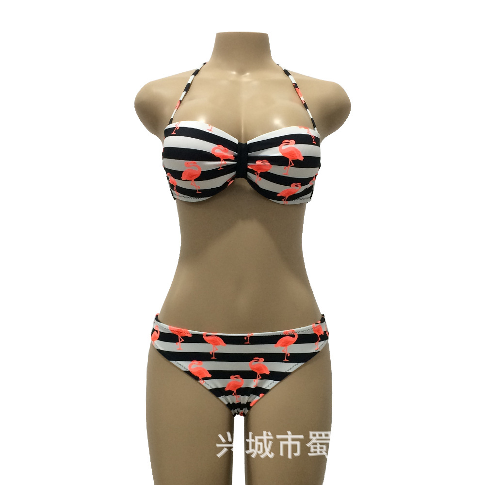 F4675-2Soild Flamingo Strip Print Halter Bikini Set